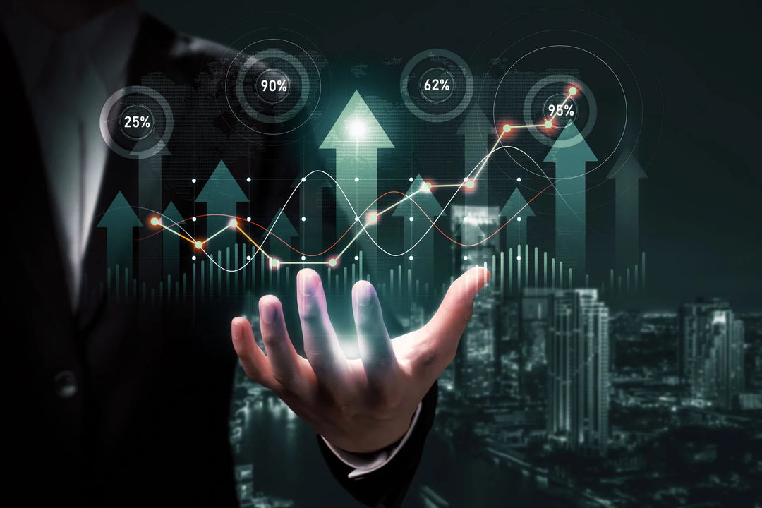 A man in a suit is holding a virtual screen with arrows pointing up to indicate changes in supply chain management.