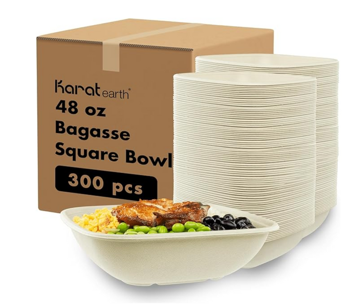 48oz PFAS Free Eco-Friendly Bagasse Square Bowl, Natural - 300 pcs