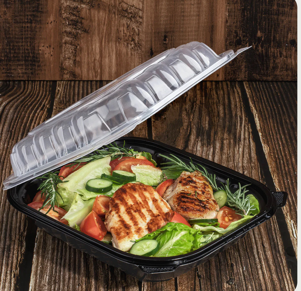 Hinged Container 10.25"x 9" (1 Compartment) Premium PP, Blk w/Clear Top - 150 pcs