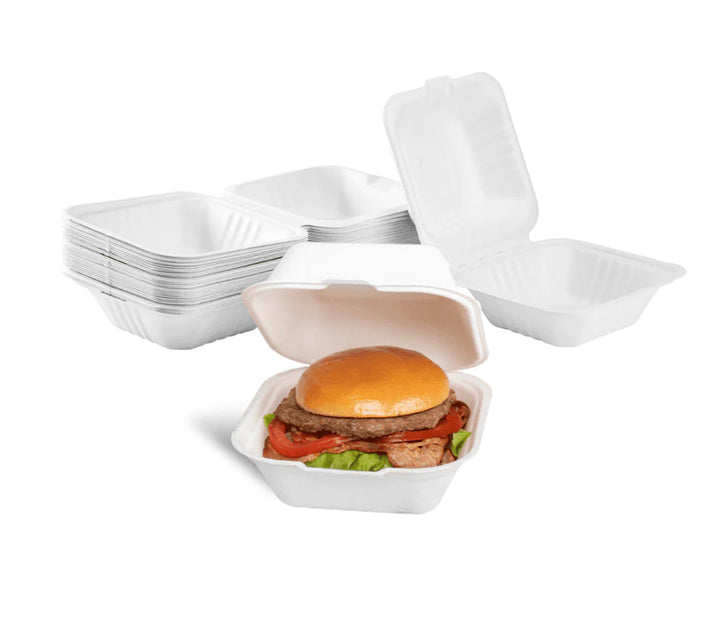 6''x 6'' PFAS Free Compostable Bagasse Hinged Containers, White - 500 pcs