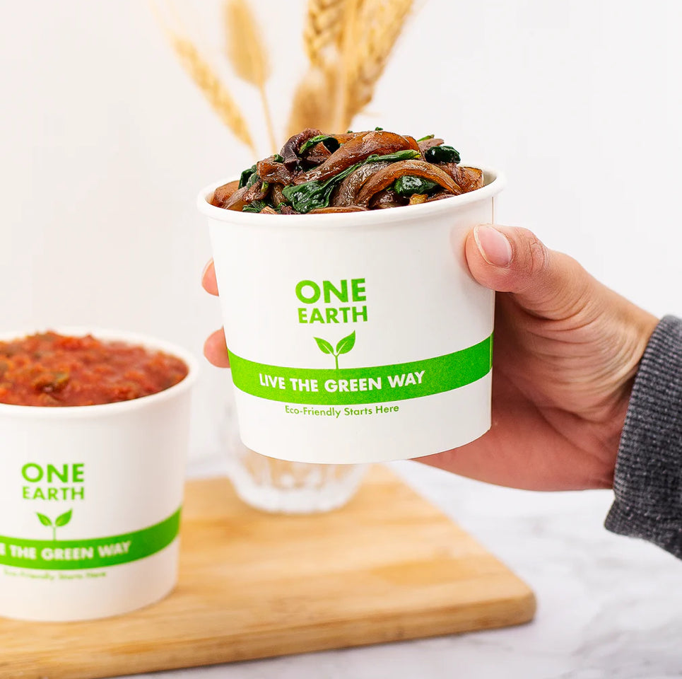 10oz Eco-Friendly Paper Food Cups (90.8mm), White/Eco Print - 1,000 pcs