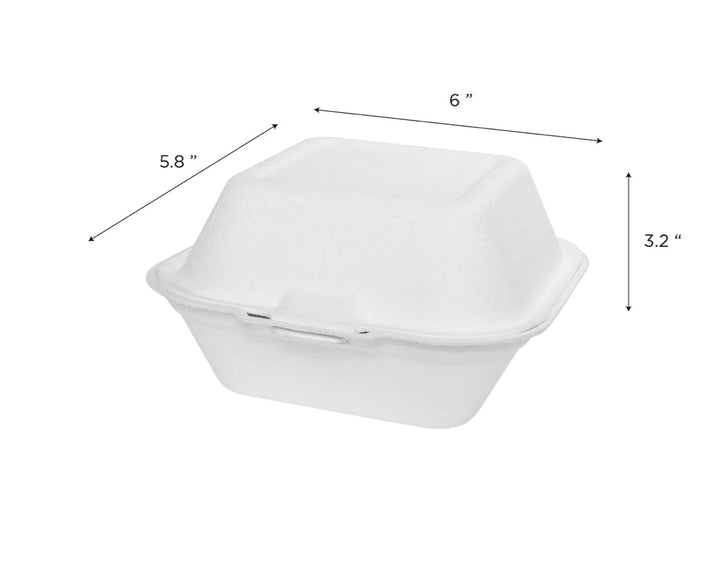 6''x 6'' PFAS Free Compostable Bagasse Hinged Containers, White - 500 pcs