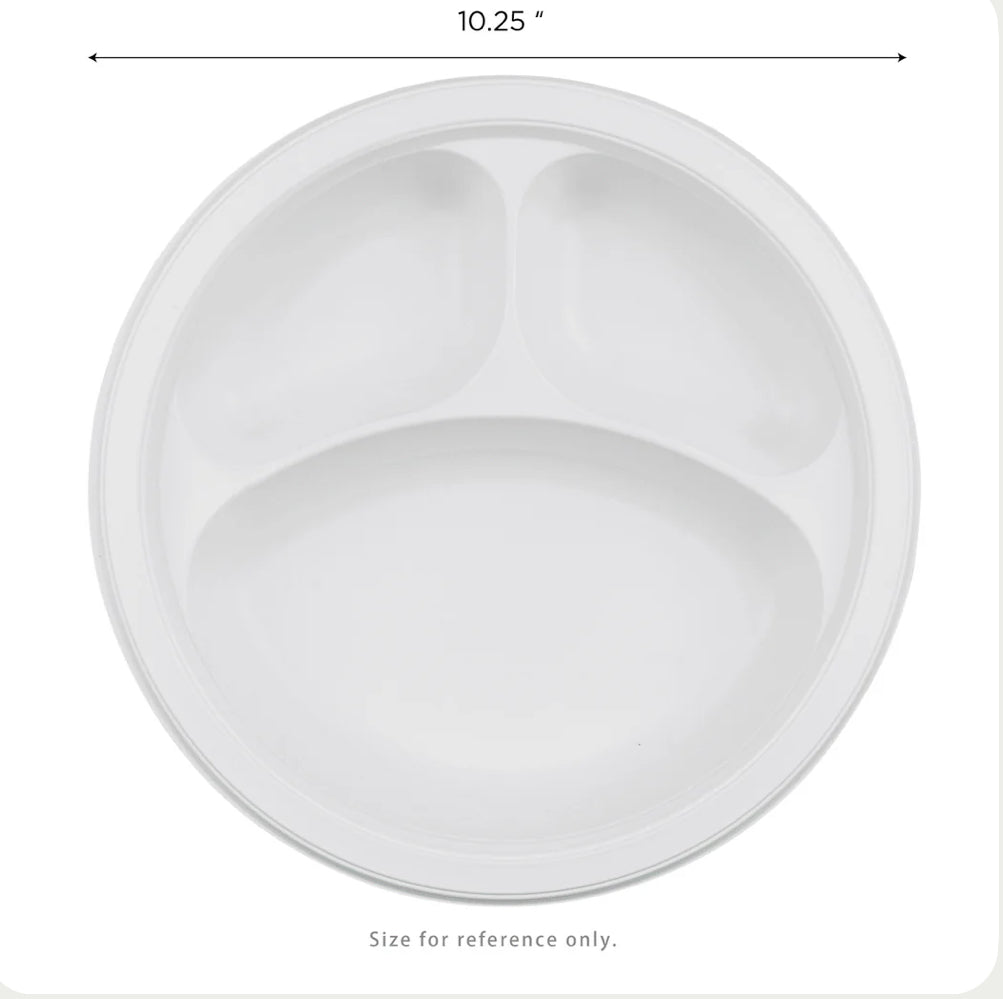 10.25" Mineral Filled PP Plate, Round, 3-compartment, White - 500 Pcs
