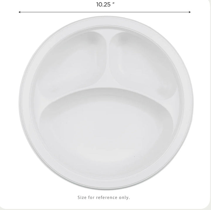 10.25" Mineral Filled PP Plate, Round, 3-compartment, White - 500 Pcs