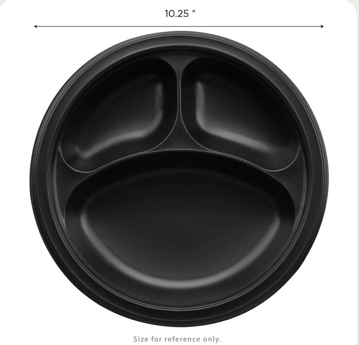 10.25" Mineral Filled PP Plate, Round, 3-compartment, Black - 500 Pcs